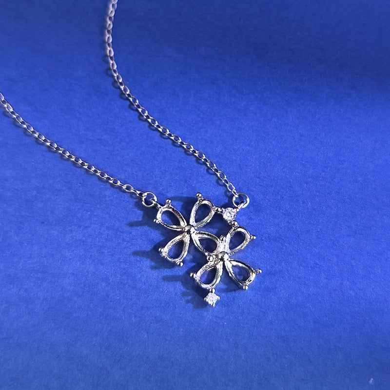 925 Sterling Silver Four-Leaf Clover Necklace Mount for 3x5mm Pear Gemstone, Unset Minimalist DIY