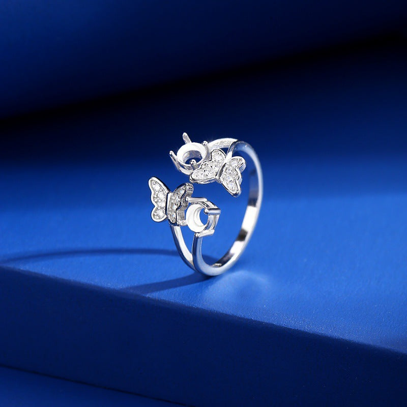925 Sterling Silver Ring Mount for 4mm Round Gemstone, Butterfly Design Luxury DIY