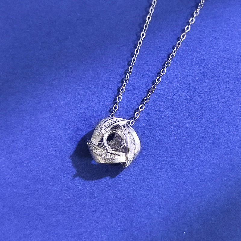 925 Sterling Silver Necklace Mount for 5mm Round Rose Pattern Gemstone, Brushed Finish DIY Collarbone Chain