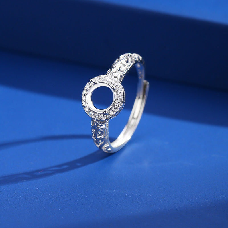 925 Sterling Silver Ring Mount for 6mm Round Gemstone, Adjustable White Gold-plated Minimalist DIY