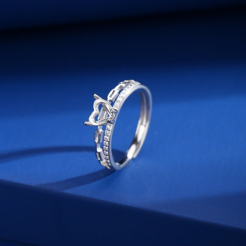925 Sterling Silver Ring Mount for 6mm Heart Gemstone, Adjustable Luxury DIY