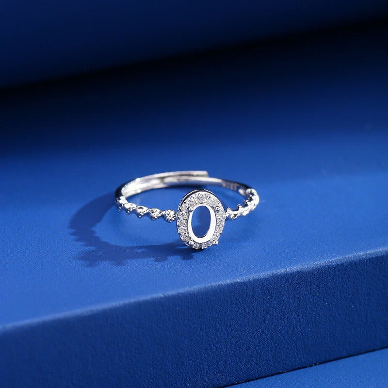 925 Sterling Silver Ring Mount for 4x6mm Oval Gemstone, Adjustable Open White Gold-Plated Shank