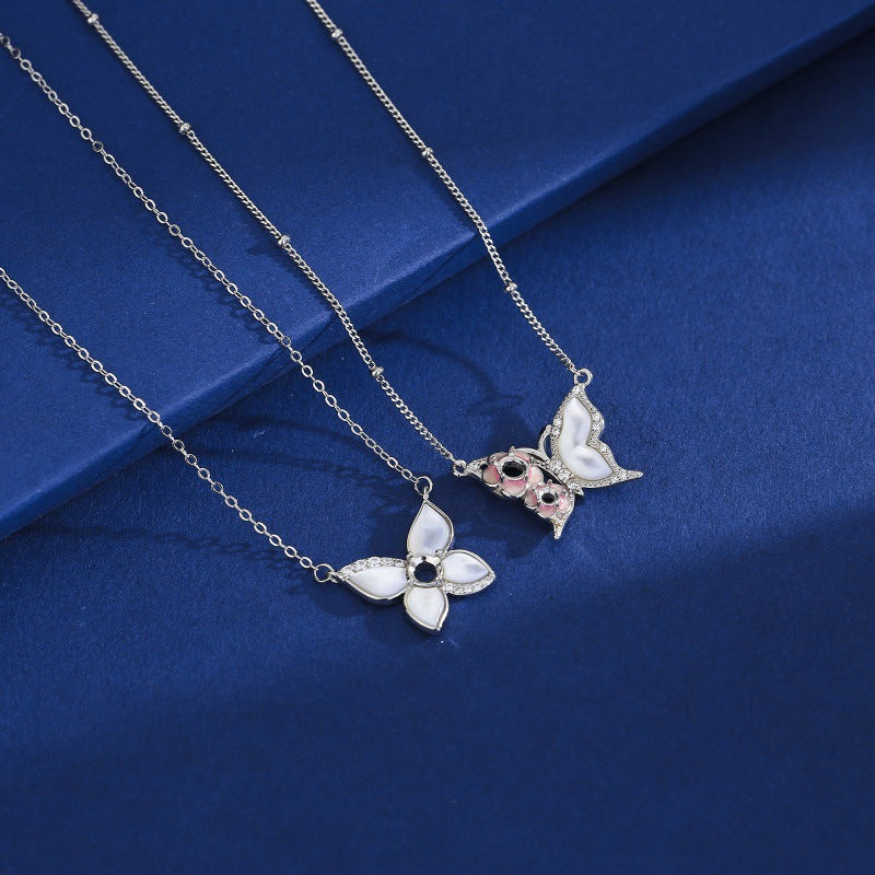 925 Sterling Silver Butterfly Necklace Mount for 4mm Round Mother-of-Pearl Gemstone, Minimalist DIY Collarbone Chain