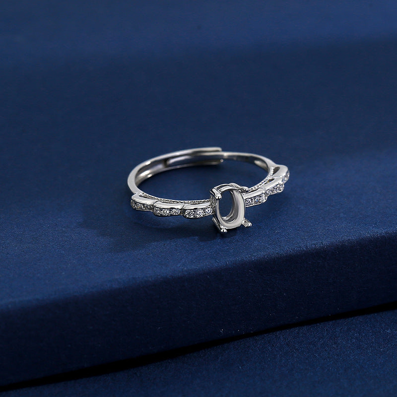 925 Sterling Silver Ring Mount for 4x6mm Oval Gemstone, Korean-Style Luxury DIY Setting