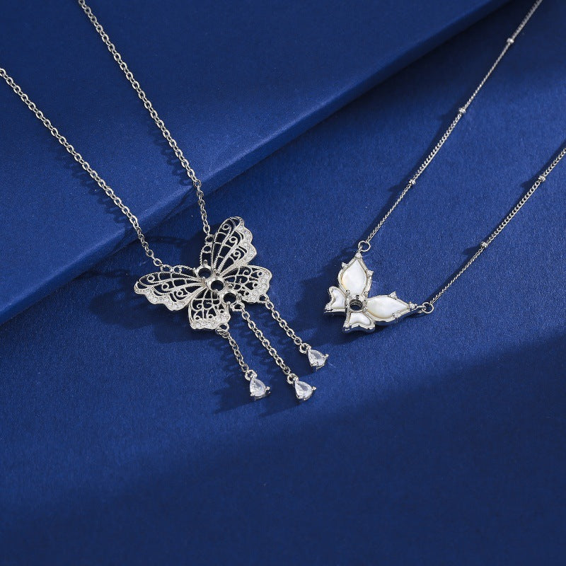 925 Sterling Silver Butterfly Necklace Mount for 4mm Round Mother-of-Pearl Gemstone, Minimalist DIY Collarbone Chain
