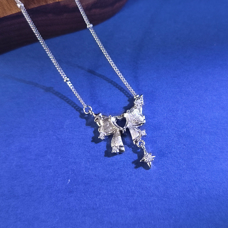925 Sterling Silver Bow Necklace Mount for 5mm Heart Gemstone, Brushed Finish DIY Collarbone Chain