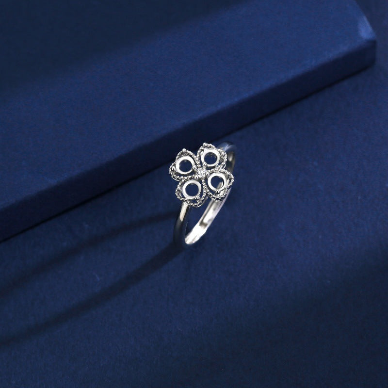 925 Sterling Silver Four-Leaf Clover Ring Mount for 3mm Round Gemstone, Luxury Designer DIY