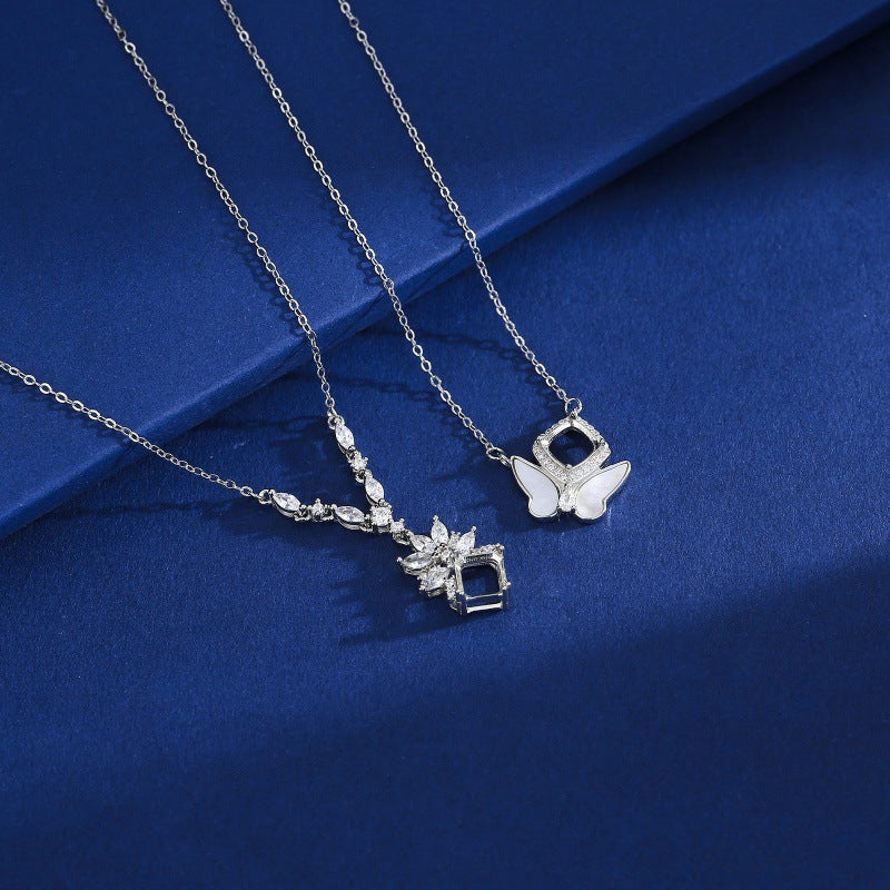 925 Sterling Silver Necklace Mount for 6mm Square Gemstone, Ins-Style Minimalist Designer Collarbone Chain