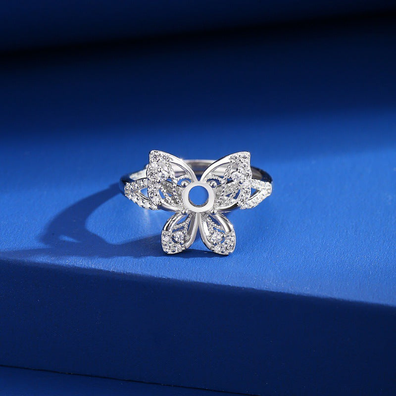 925 Sterling Silver Ring Mount for 4mm Round Gemstone, Butterfly Design Luxury DIY