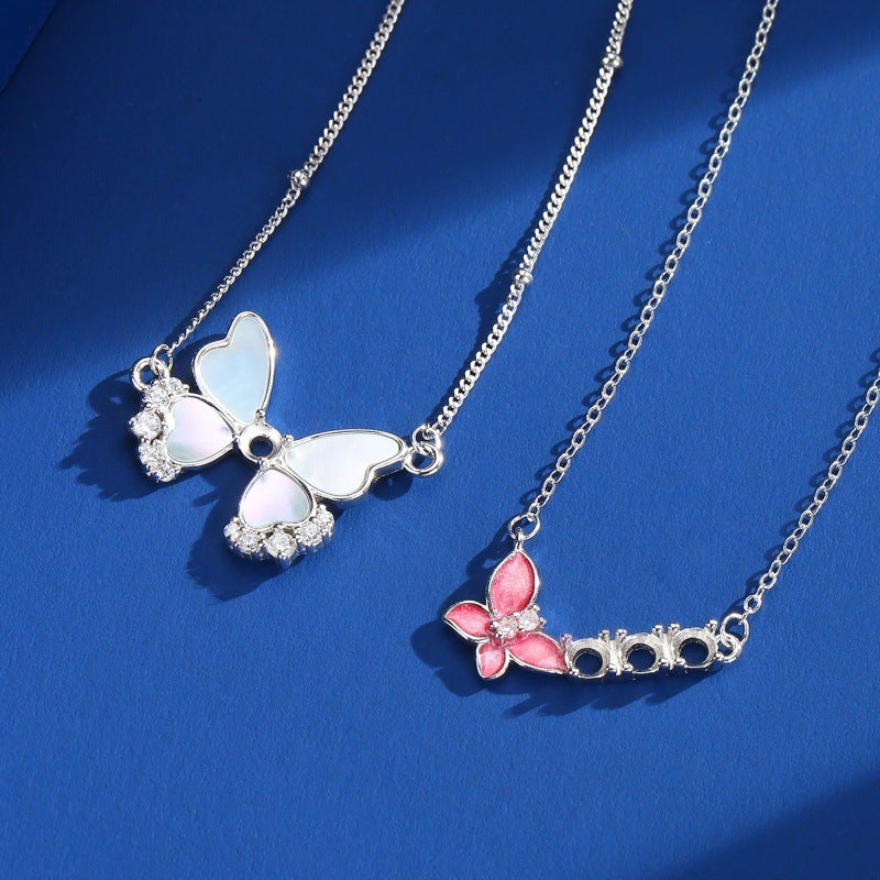 925 Sterling Silver Butterfly Mother-of-Pearl Necklace Mount for 3mm Round Gemstone, Luxury DIY Collarbone Chain