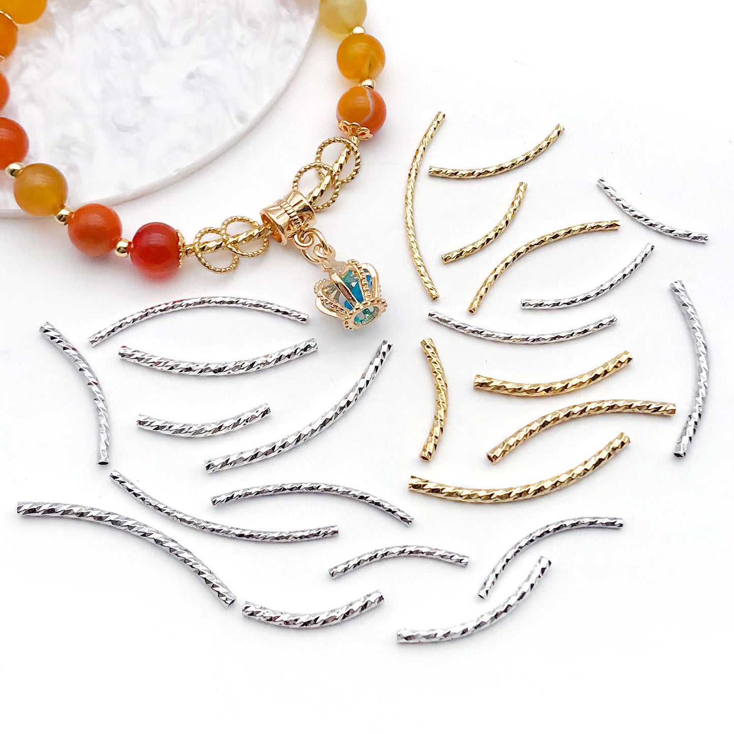 50pcs Plated Curve Shape Textured Curved Tube Bar Beads