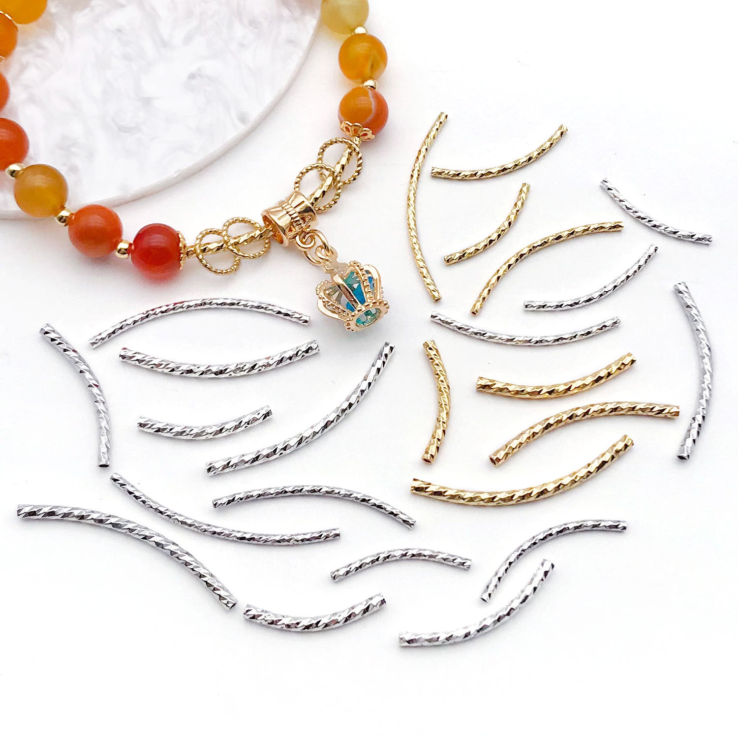 50pcs Plated Curve Shape Textured Curved Tube Bar Beads