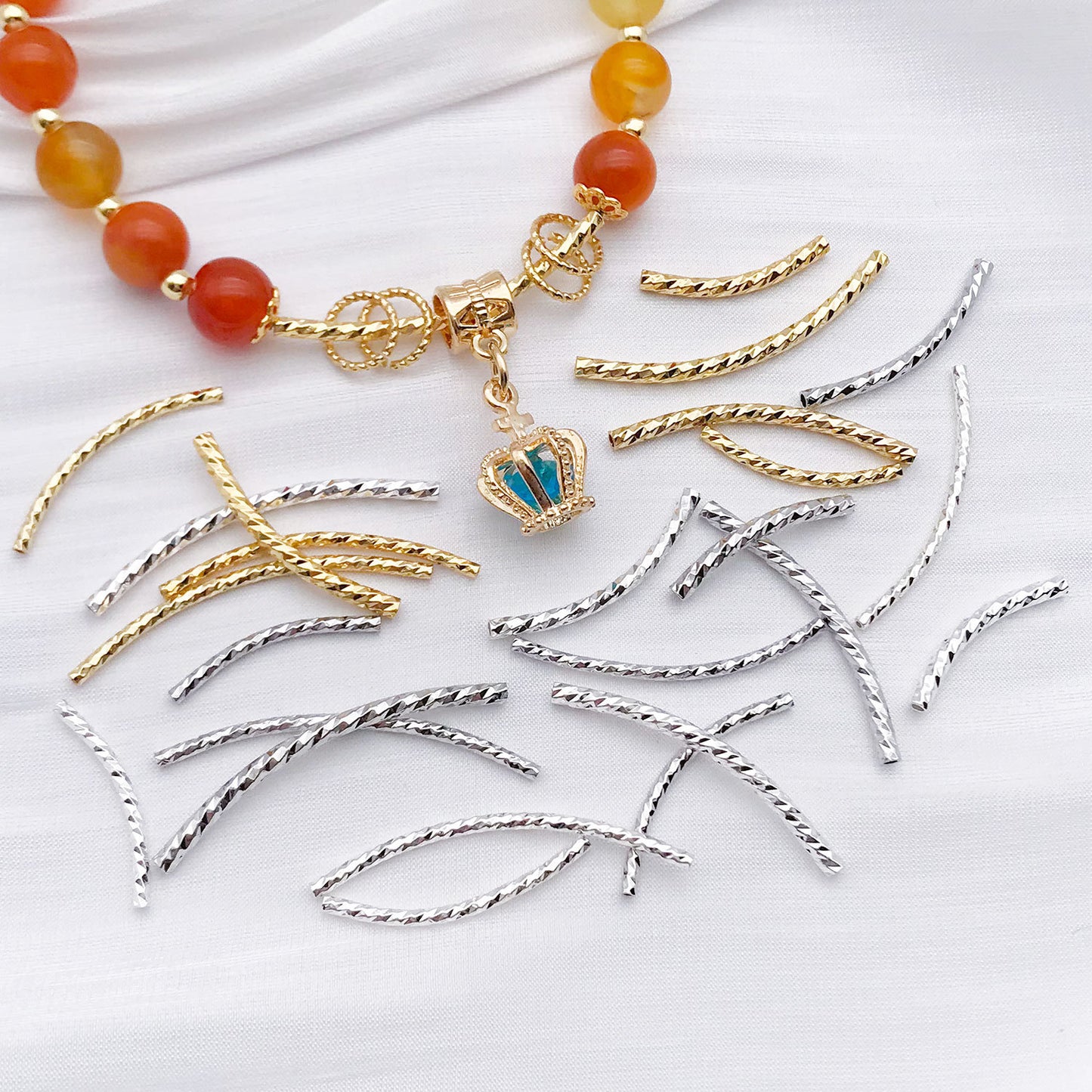 50pcs Plated Curve Shape Textured Curved Tube Bar Beads