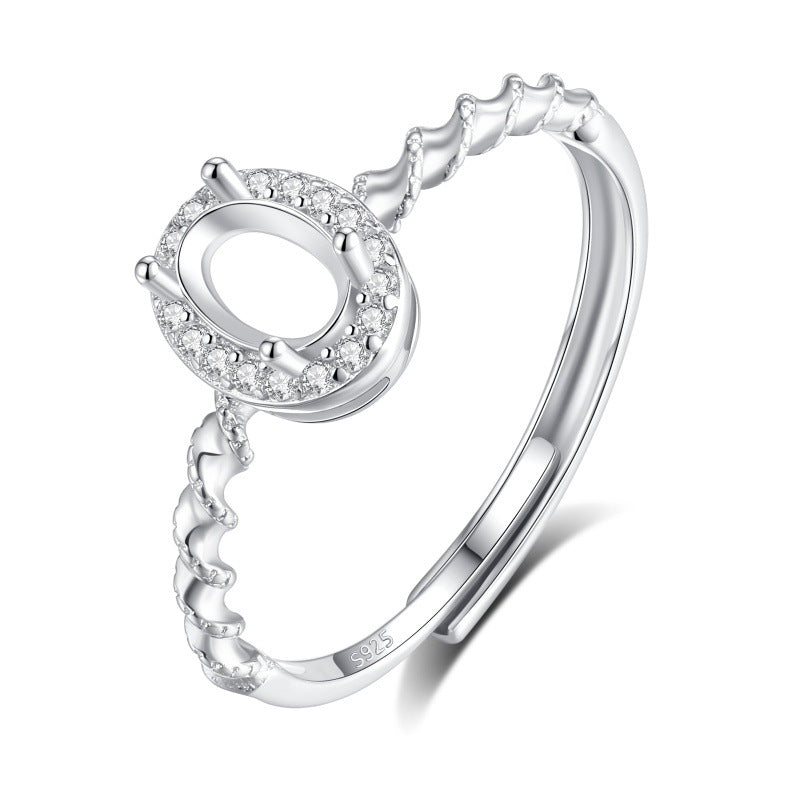 925 Sterling Silver Ring Mount for 4x6mm Oval Gemstone, Adjustable Open White Gold-Plated Shank
