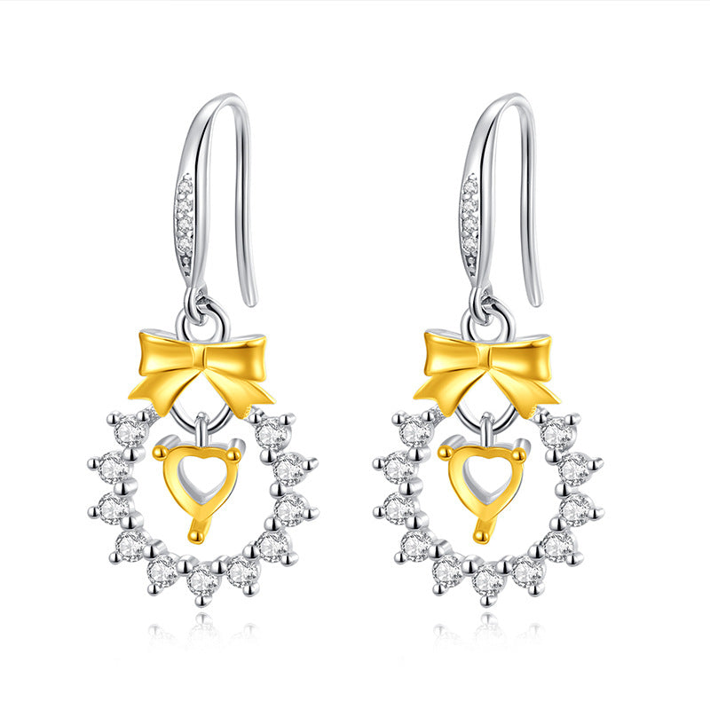 925 Sterling Silver Earrings Mount for 4mm Heart Gemstone, Bow Full-Paved Minimalist Luxury DIY