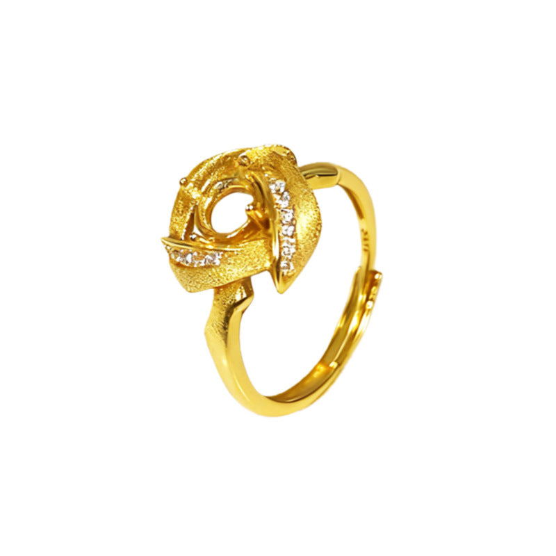 925 Sterling Silver Ring Mount for 5mm Round Gemstone, Rose Pattern Brushed Finish Luxury DIY