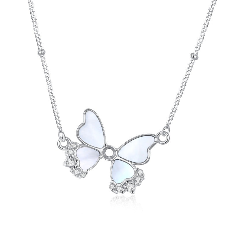 925 Sterling Silver Butterfly Mother-of-Pearl Necklace Mount for 3mm Round Gemstone, Luxury DIY Collarbone Chain