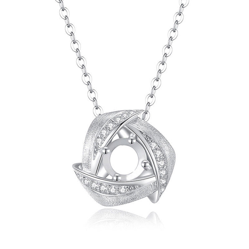 925 Sterling Silver Necklace Mount for 5mm Round Rose Pattern Gemstone, Brushed Finish DIY Collarbone Chain