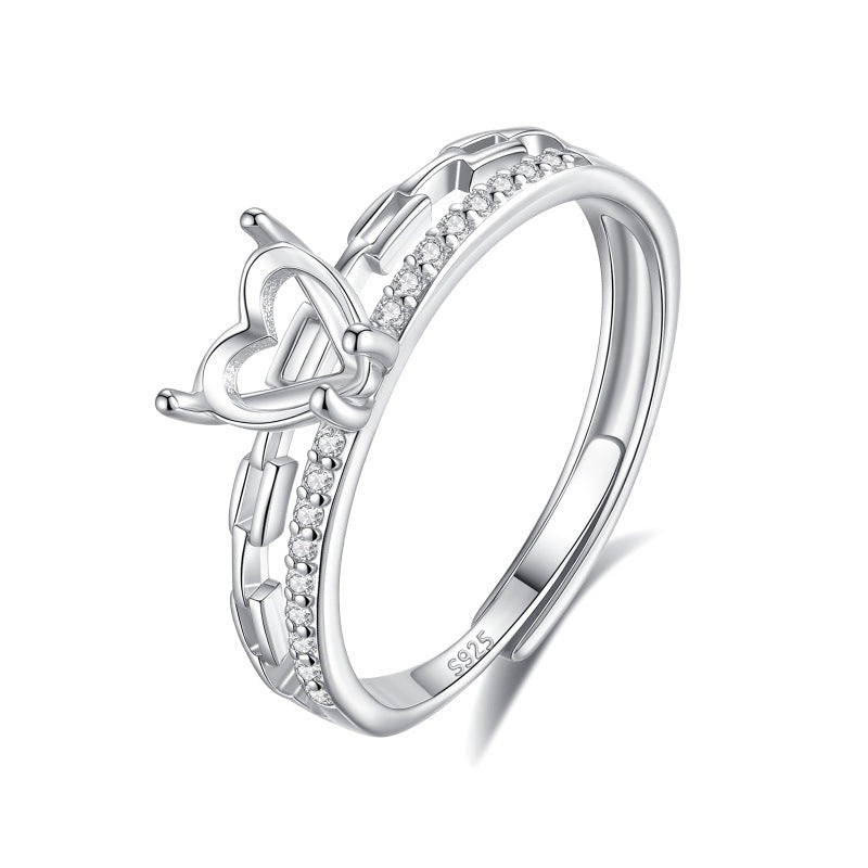 925 Sterling Silver Ring Mount for 6mm Heart Gemstone, Adjustable Luxury DIY