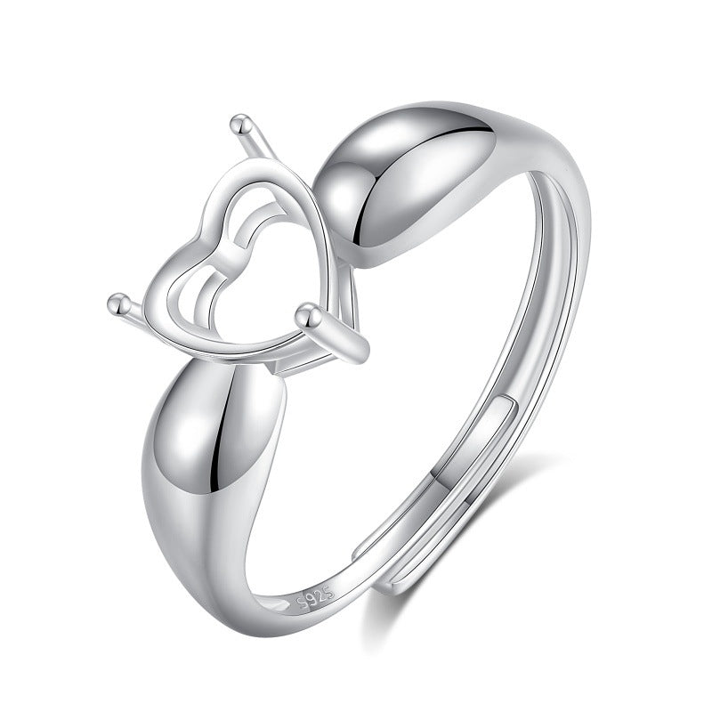 925 Sterling Silver Heart-Shaped Ring Mount for Jade/Crystal DIY