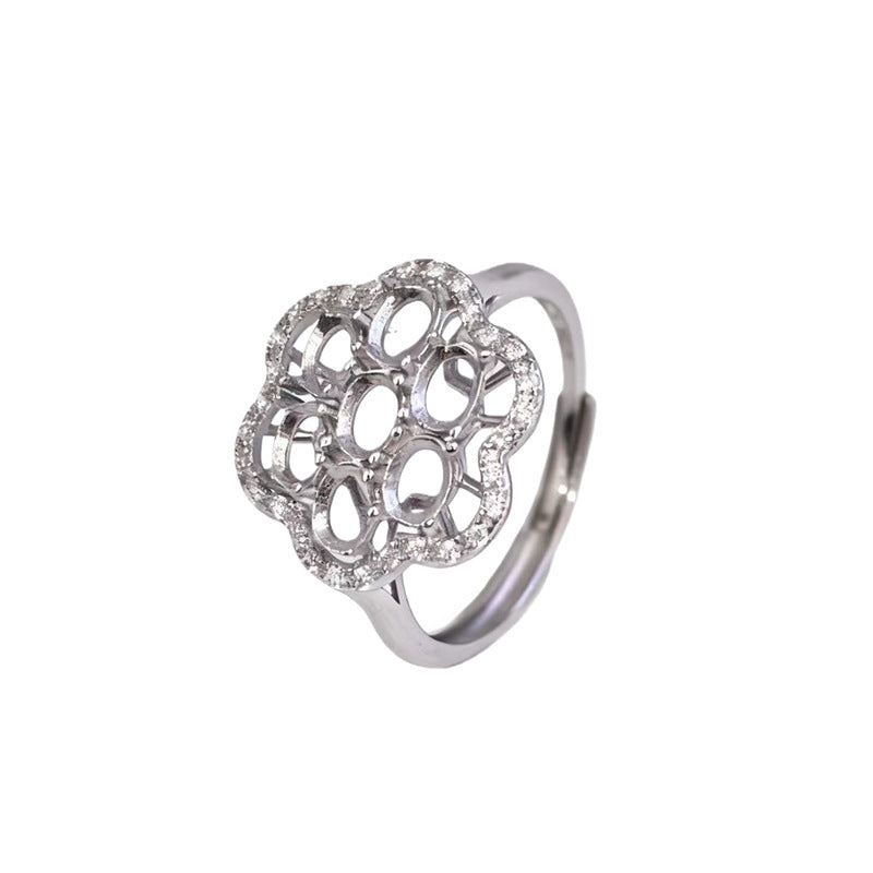 925 Sterling Silver Ring Mount for 3x4mm Oval Gemstone, Petal Surround-Paved Luxury DIY
