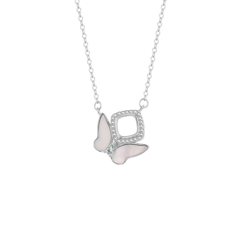 925 Sterling Silver Necklace Mount for 6mm Square Gemstone, Ins-Style Minimalist Designer Collarbone Chain