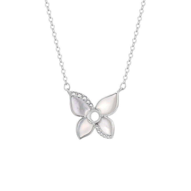 925 Sterling Silver Butterfly Necklace Mount for 4mm Round Mother-of-Pearl Gemstone, Minimalist DIY Collarbone Chain