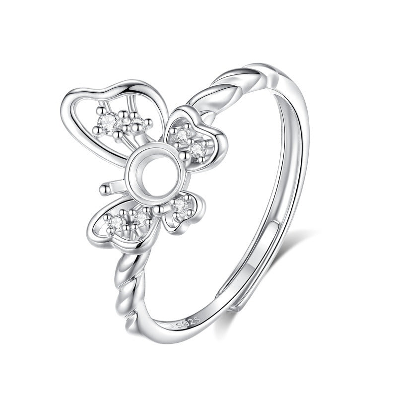 925 Sterling Silver Ring Mount for 4mm Round Gemstone, Butterfly Design Luxury DIY