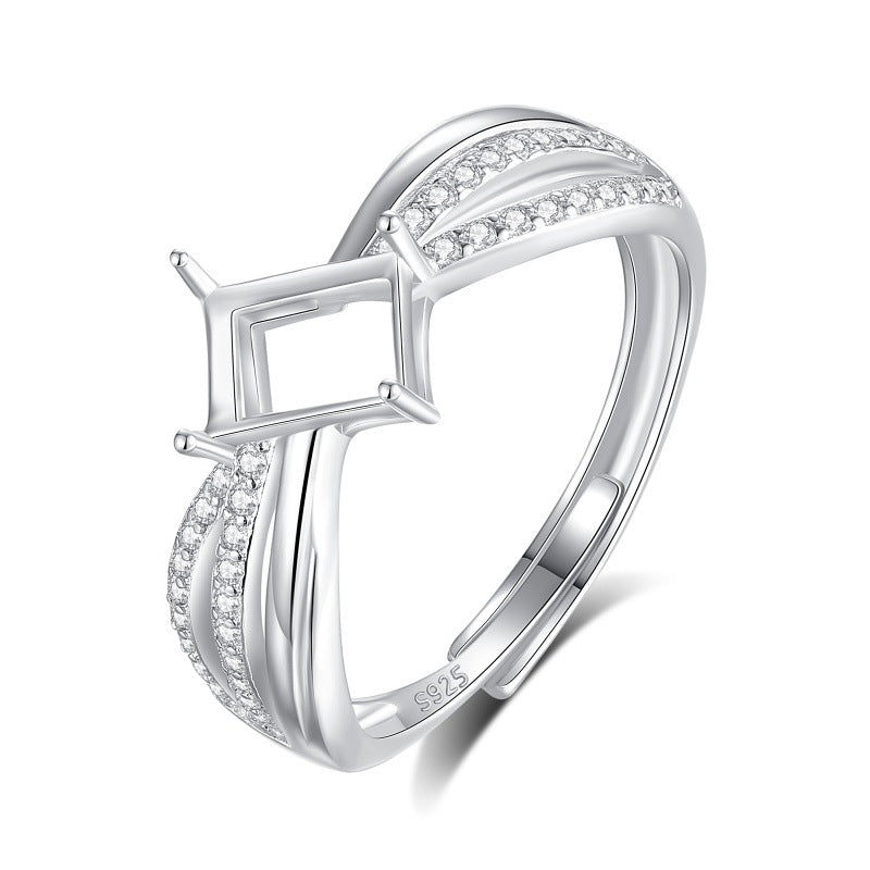 925 Sterling Silver Ring Mount for 5x7mm Rectangle Gemstone, Full-Paved Luxury DIY