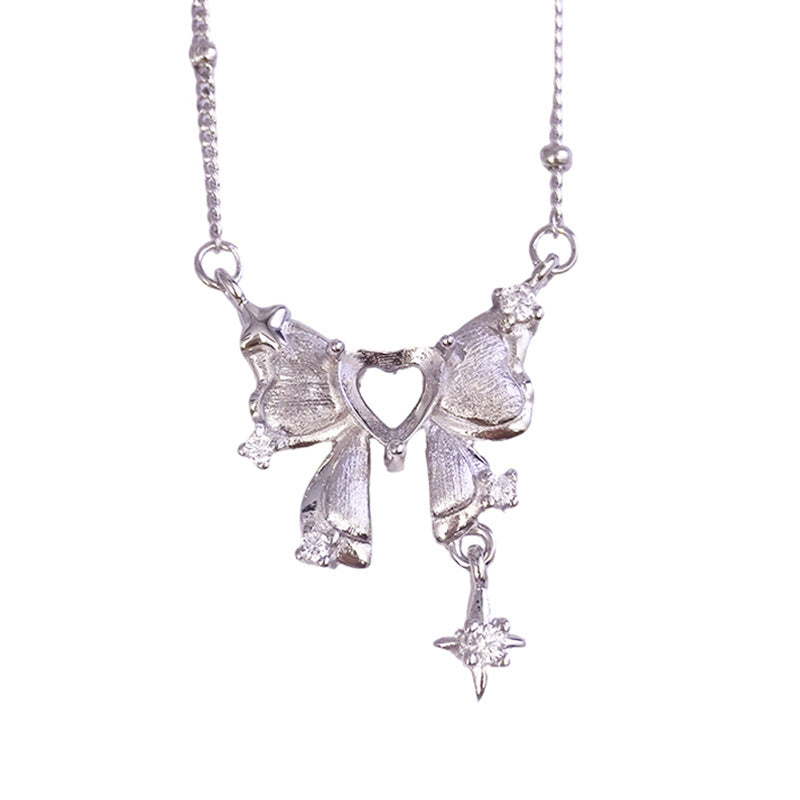 925 Sterling Silver Bow Necklace Mount for 5mm Heart Gemstone, Brushed Finish DIY Collarbone Chain