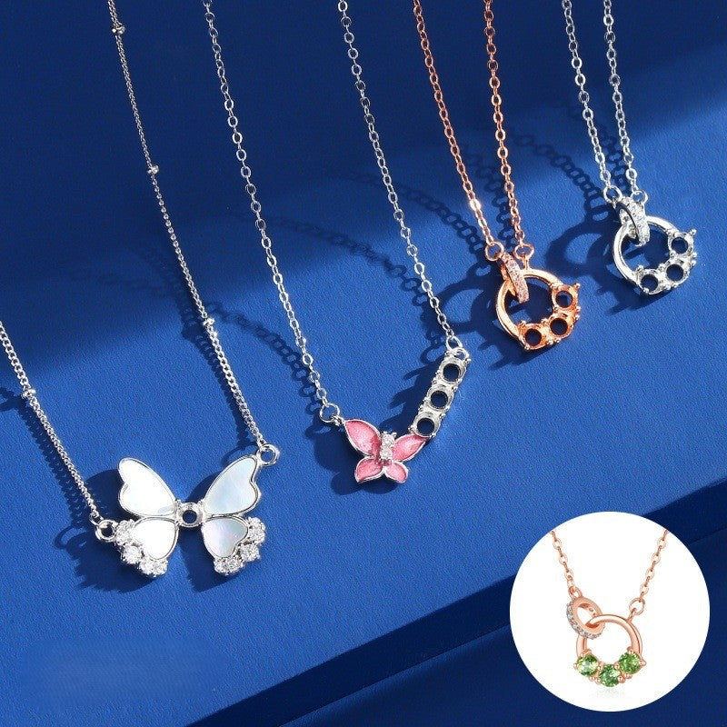 925 Sterling Silver Butterfly Mother-of-Pearl Necklace Mount for 3mm Round Gemstone, Luxury DIY Collarbone Chain