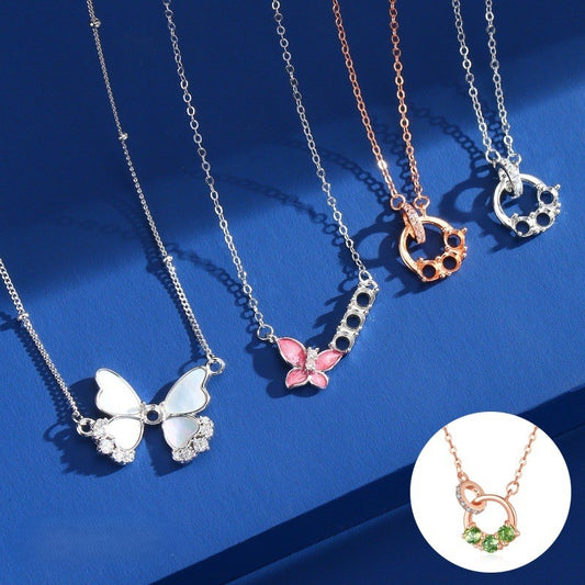 925 Sterling Silver Butterfly Mother-of-Pearl Necklace Mount for 3mm Round Gemstone, Luxury DIY Collarbone Chain