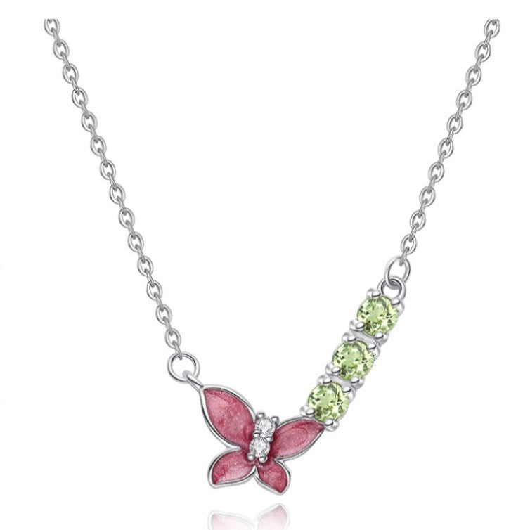925 Sterling Silver Butterfly Mother-of-Pearl Necklace Mount for 3mm Round Gemstone, Luxury DIY Collarbone Chain