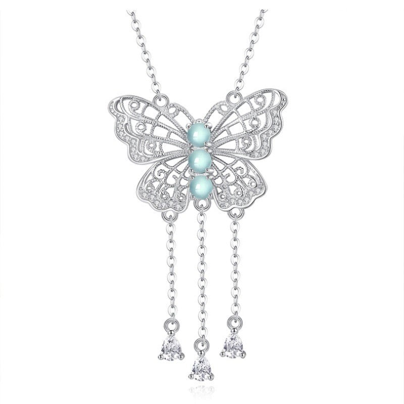 925 Sterling Silver Butterfly Necklace Mount for 4mm Round Mother-of-Pearl Gemstone, Minimalist DIY Collarbone Chain