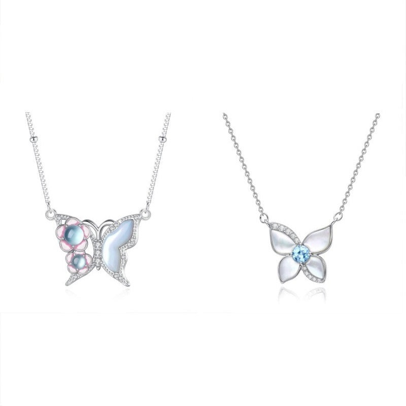 925 Sterling Silver Butterfly Necklace Mount for 4mm Round Mother-of-Pearl Gemstone, Minimalist DIY Collarbone Chain