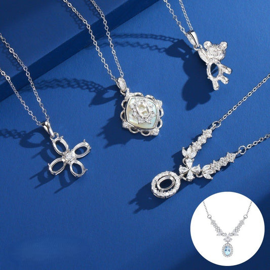 925 Sterling Silver Pendant Mount for 4x6mm Oval Gemstone, Semi-finished Minimalist DIY Collarbone Chain