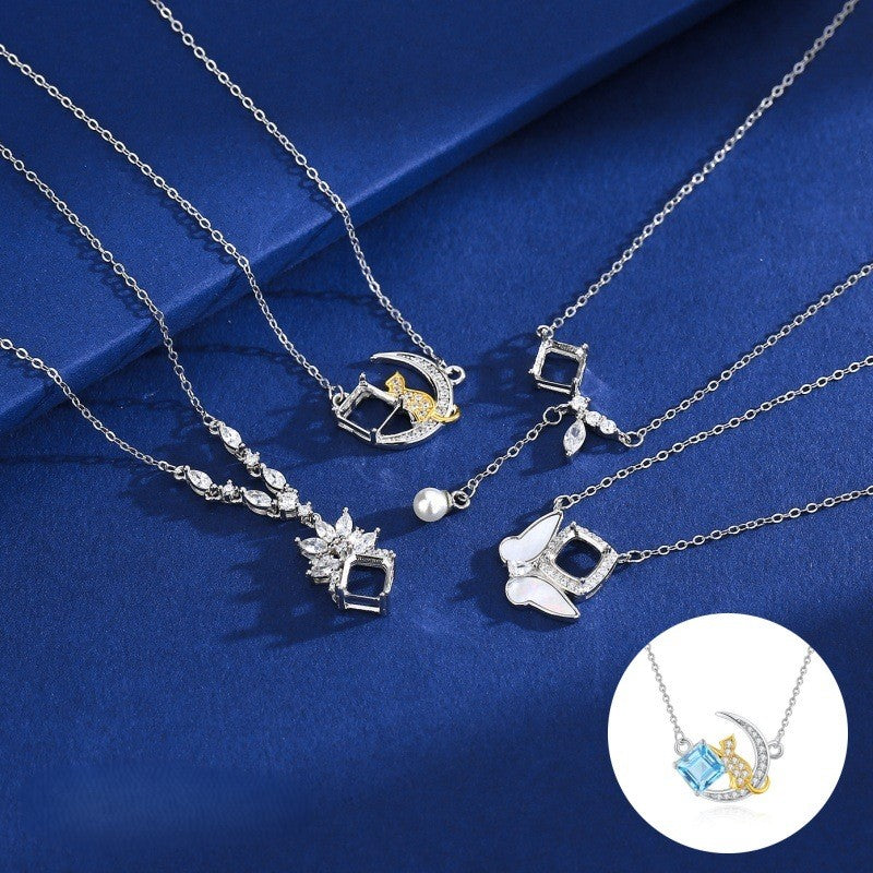 925 Sterling Silver Necklace Mount for 6mm Square Gemstone, Ins-Style Minimalist Designer Collarbone Chain