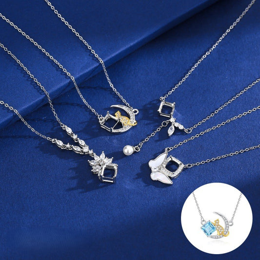 925 Sterling Silver Necklace Mount for 6mm Square Gemstone, Ins-Style Minimalist Designer Collarbone Chain