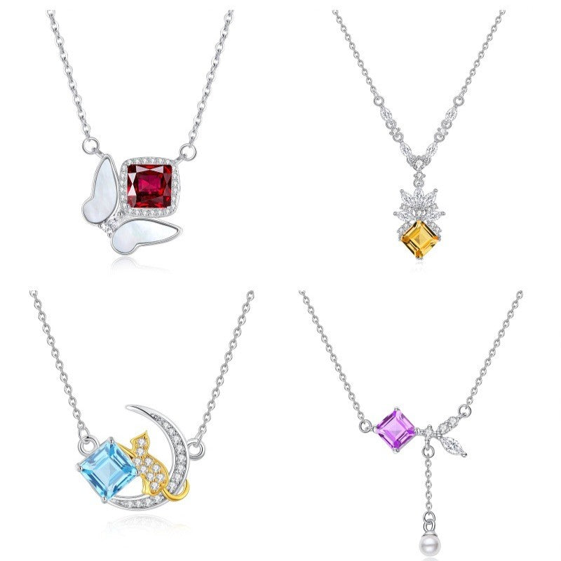 925 Sterling Silver Necklace Mount for 6mm Square Gemstone, Ins-Style Minimalist Designer Collarbone Chain