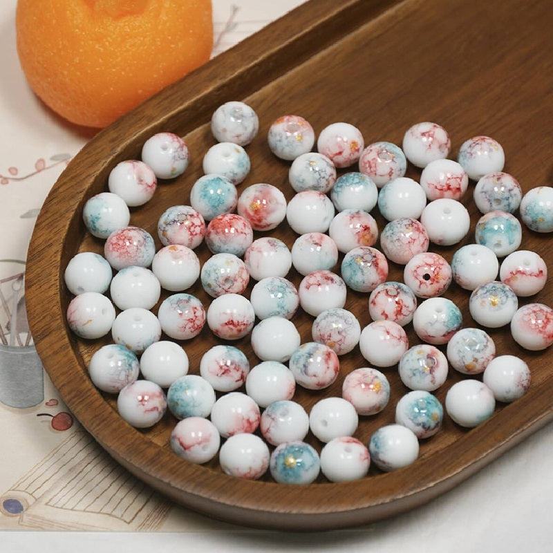 (100pcs)10mm Ink-Wash Tie-dye Glass Round Beads