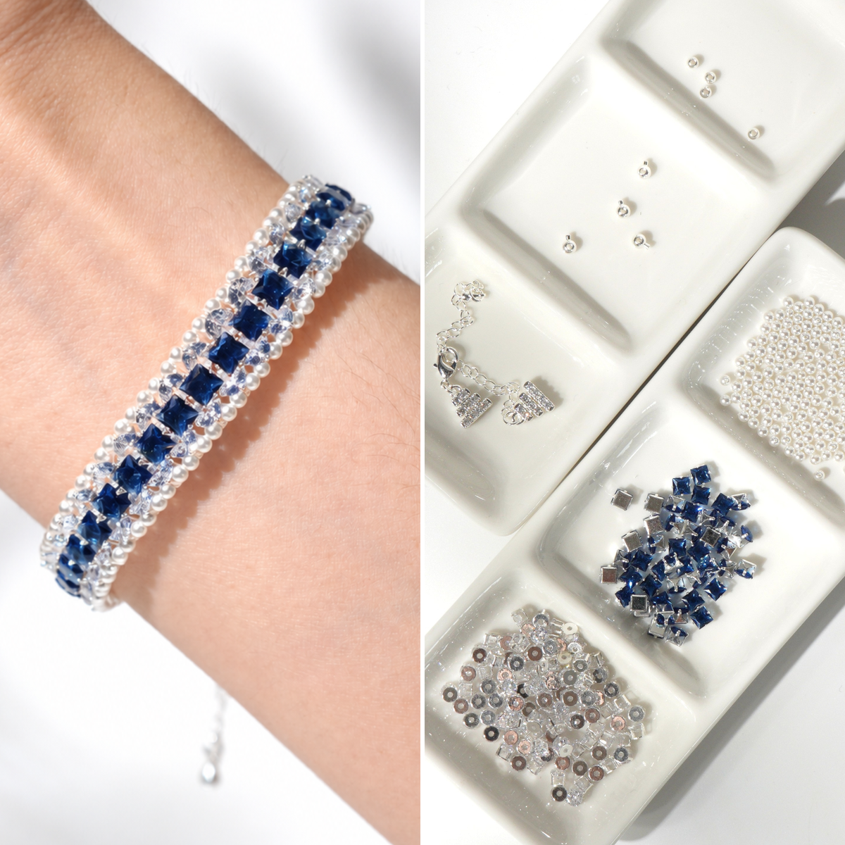 Kit 47 – Pearl-Trimmed Blue Square CZ Bracelet Making Kit