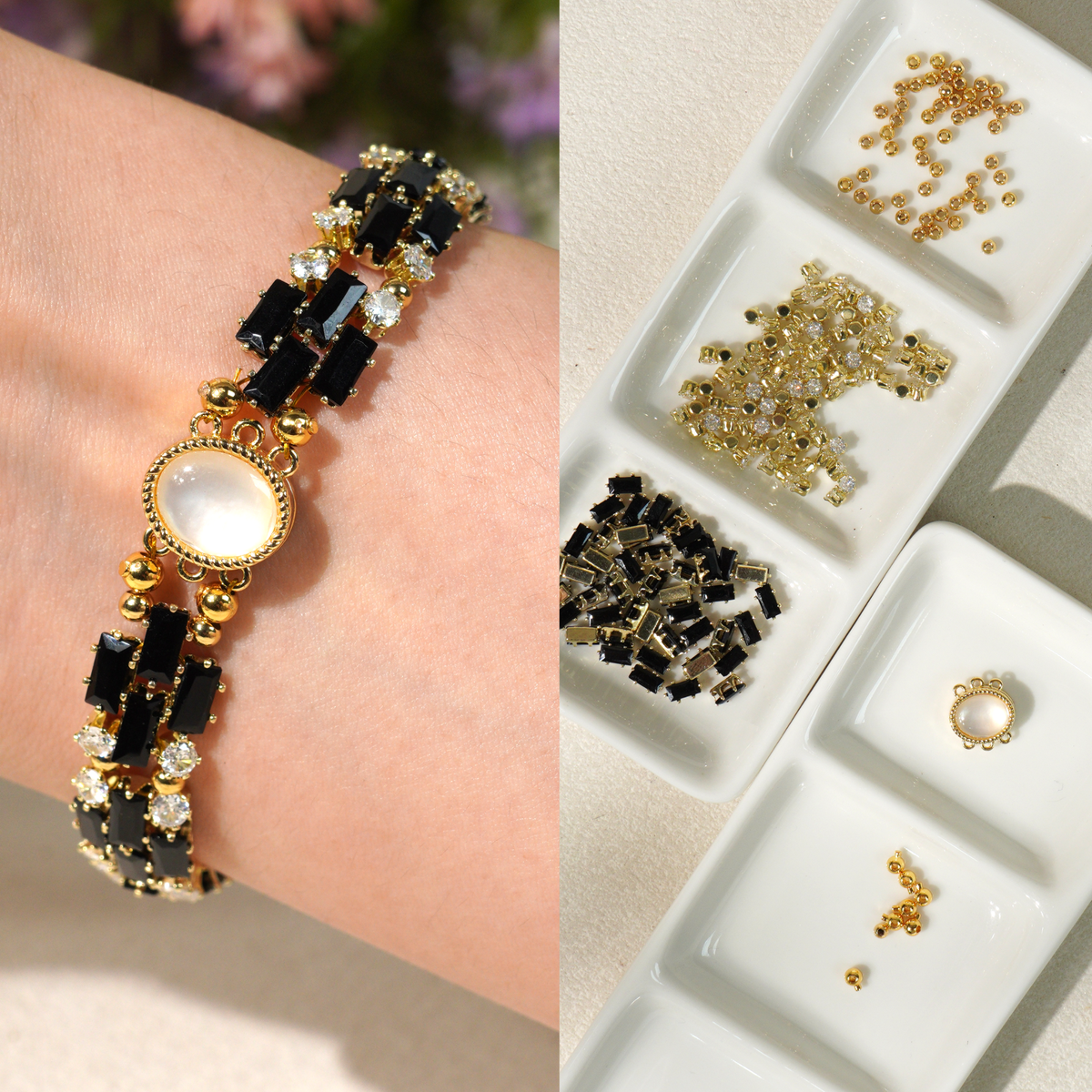 Kit 113 - Black Rectangle & Round CZ Gold Bracelet Making Kit