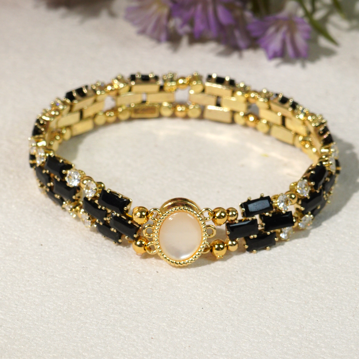 Kit 113 - Black Rectangle & Round CZ Gold Bracelet Making Kit