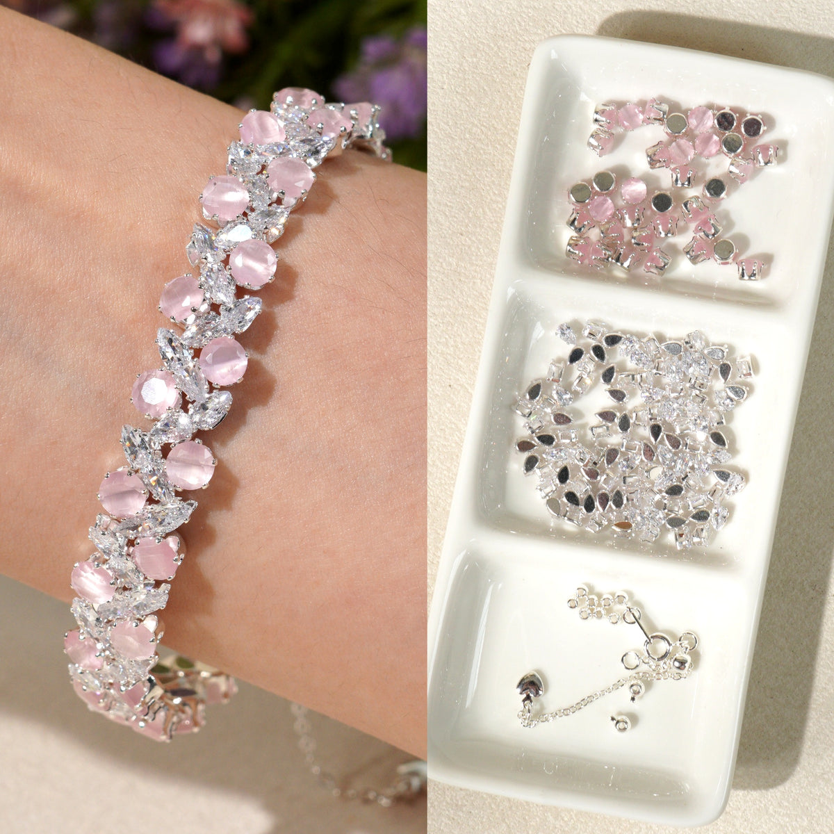 Kit 120 - White Teardrop & Pink Cat Eye Grape Vine CZ Bracelet Kit