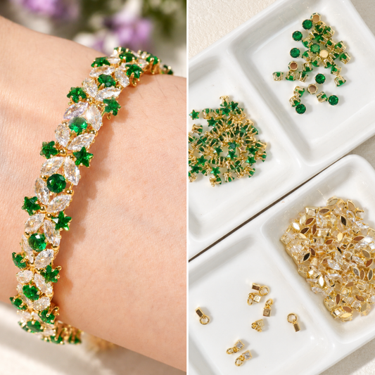 Kit 176 - White Marquise & Emerald Star CZ Flower Memory Wire Bracelet Kit