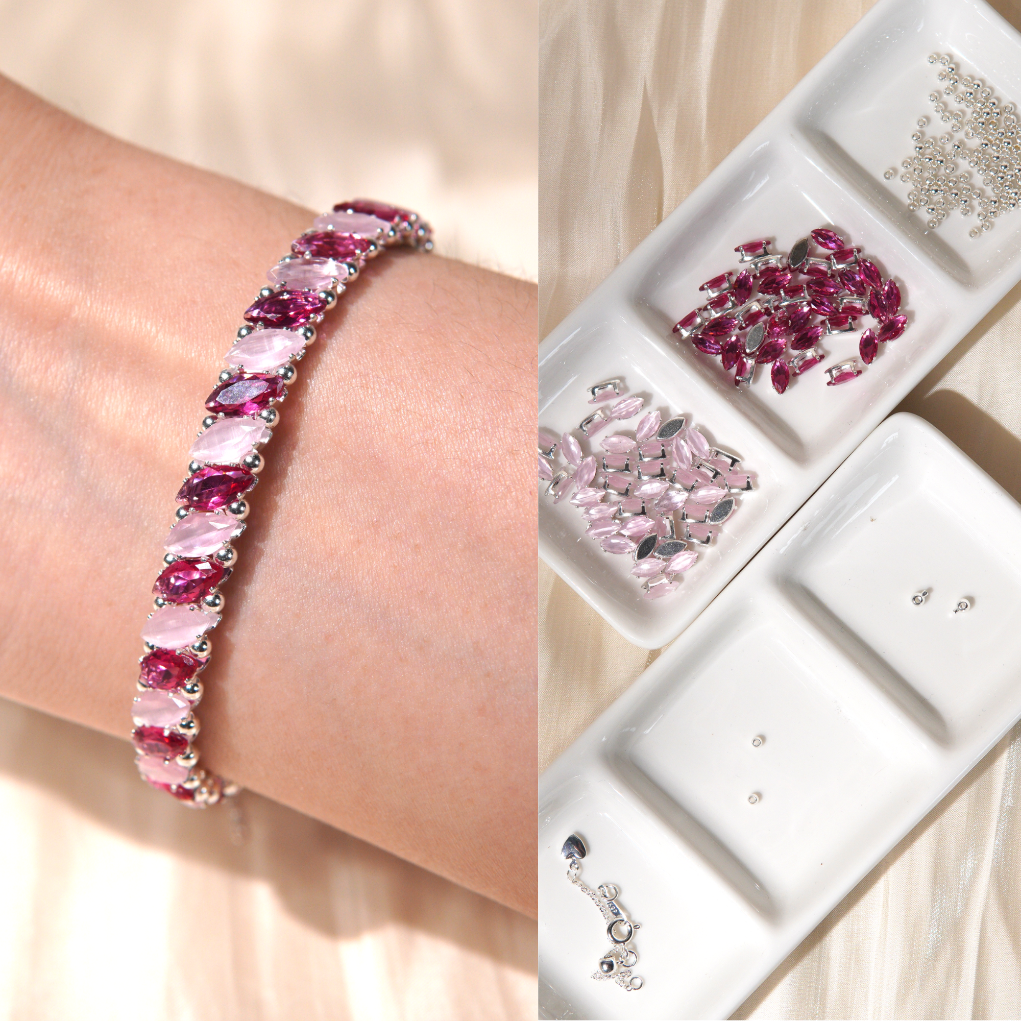 Kit 221 - Bracelet Making Kit(4x8mm Pink Cat Eye)