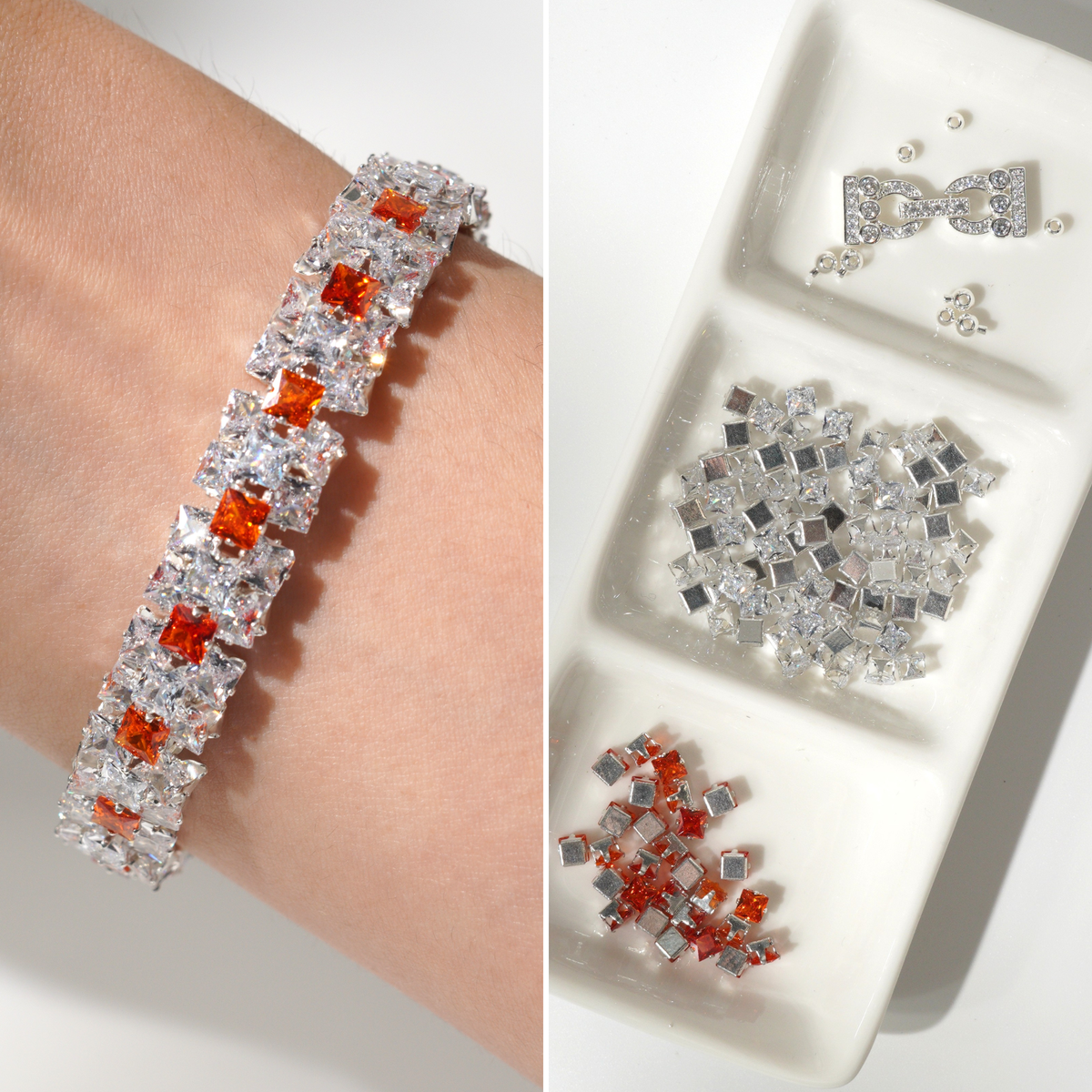 Kit 52 – Double-Row White & Orange Square CZ Bracelet Making Kit