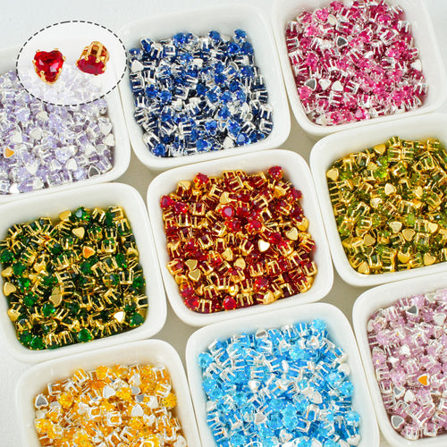 (100pcs)5MM Heart Prong-Set CZ with Silver & Gold Base