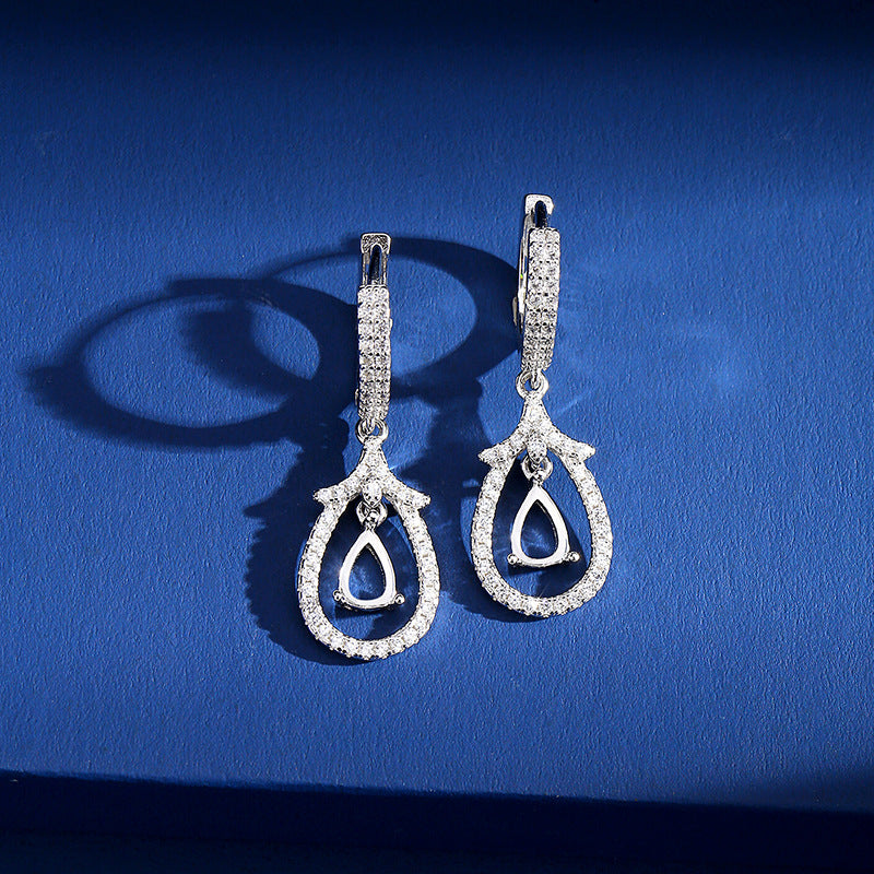 925 Sterling Silver Earrings Mount for 4x6mm Pear Gemstone, Fashion Versatile Full-Paved DIY