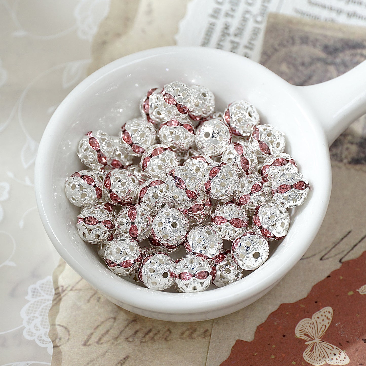 (50pcs)8mm Copper Hollow Floral Ball with Rhinestone Bead Caps / Spacers